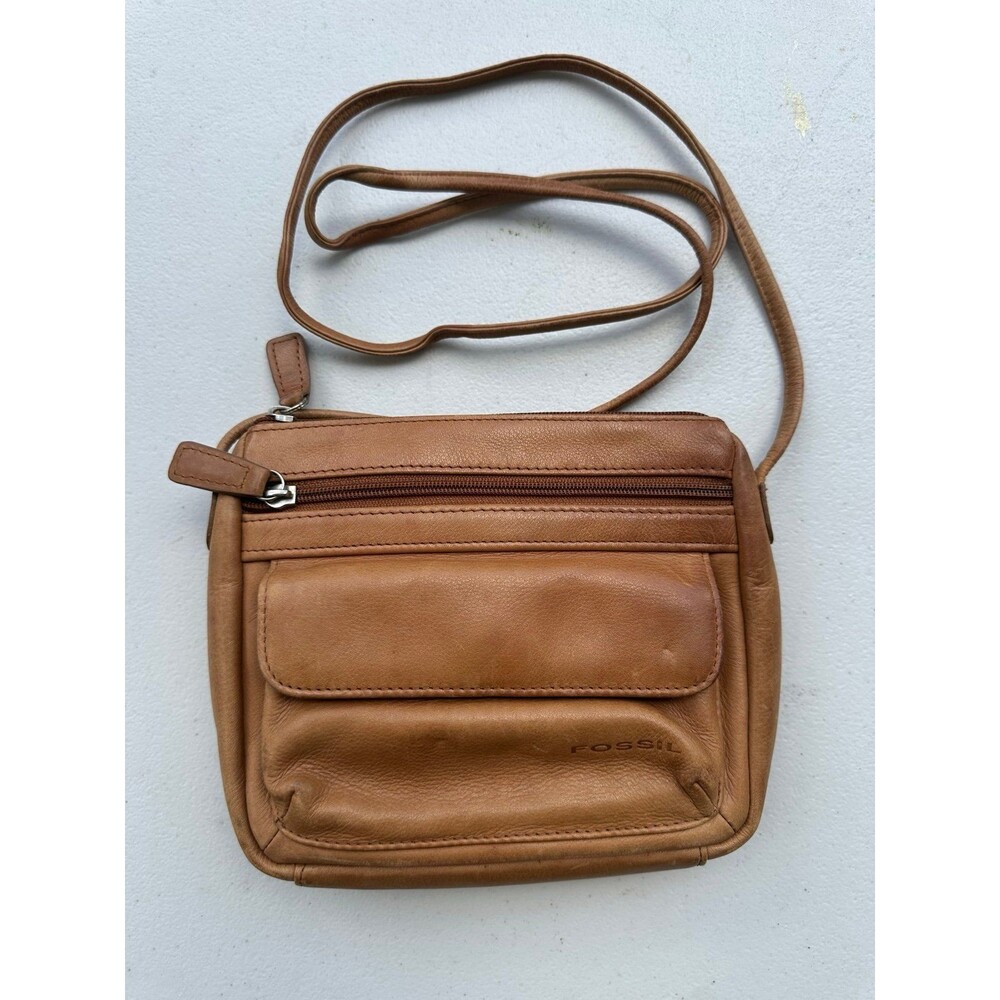 Vintage Fossil Front Flap Pocket Leather Organizer Dual Zipper Crossbody Bag